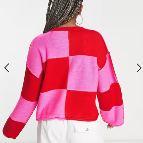 ASOS DESIGN oversize cardigan in pink and red check. Size 8 - Picture 3 of 3